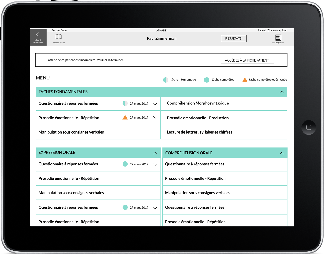 Application iPad  i-MEL fr - profil du patient